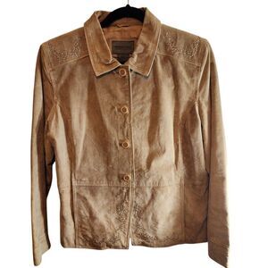BRANDON THOMAS WOMENS SUEDE LEATHER JACKET LONG SLEEVE BUTTON UP TAN LARGE BEADS